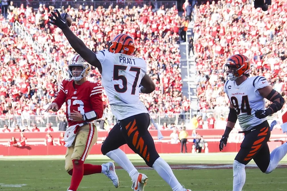 Oct 29, 2023; Santa Clara, California, USA; Cincinnati Bengals linebacker Germaine Pratt (57) intercepts the pass by San Francisco 49ers quarterback Brock Purdy (13) during the third quarter at Levi's Stadium. Mandatory Credit: Kelley L Cox-Imagn Images / Kelley L Cox-Imagn Images